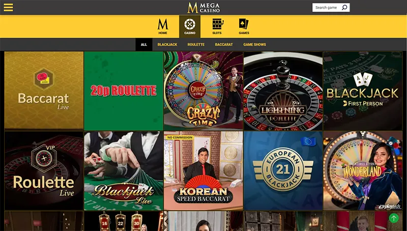 Giao diện sảnh Casino Mega 77Bet với nhiều trò chơi hấp dẫn