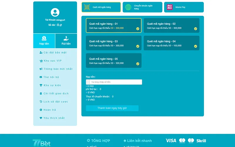 Giao diện trang nạp tiền tại nhà cái 77Bet